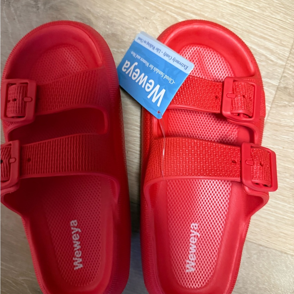 Women's Red Double-Buckle Slide Sandals
